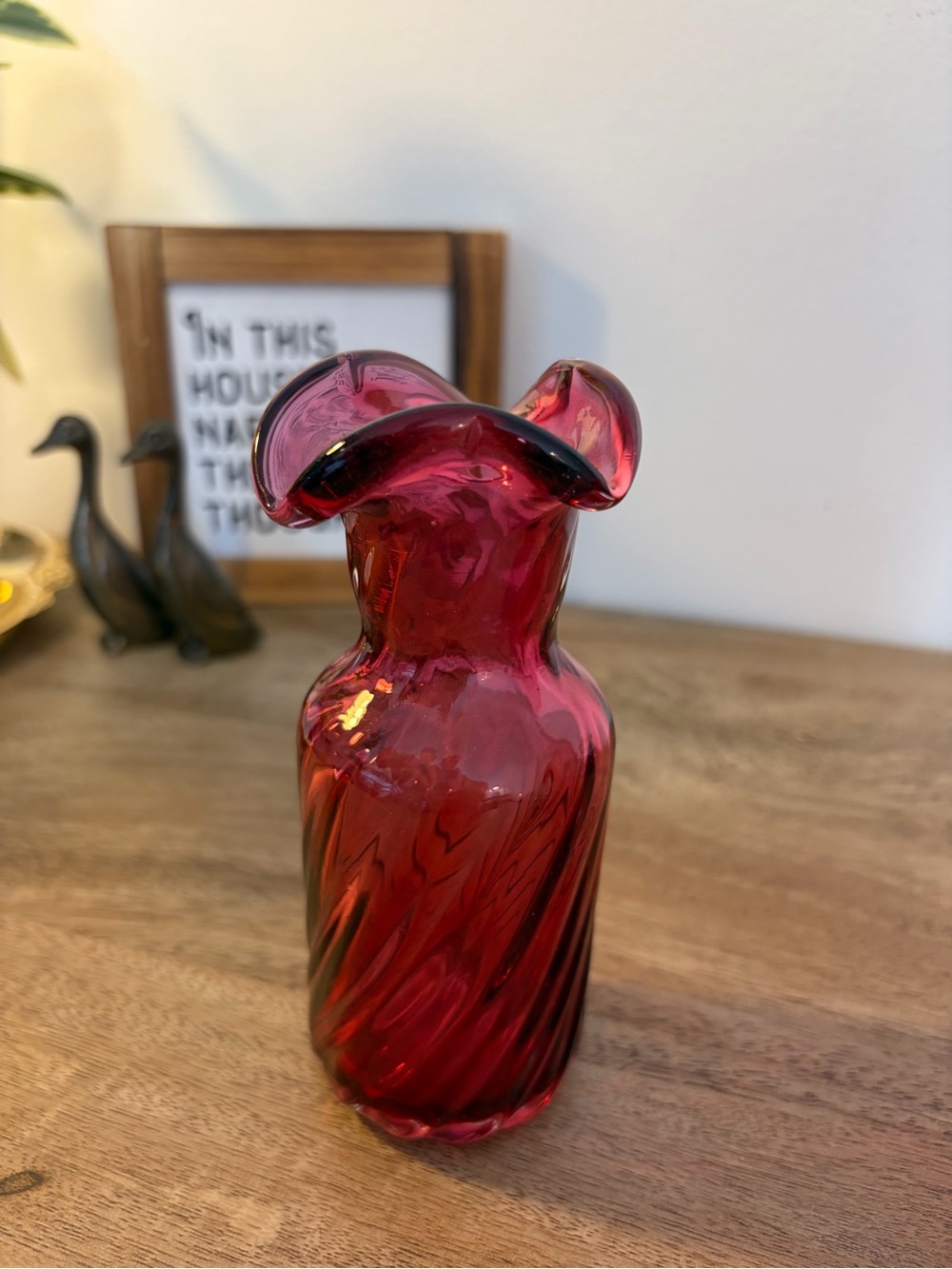 Vintage Fenton Ruby Red Swirl Ribbed Ruffle Vase